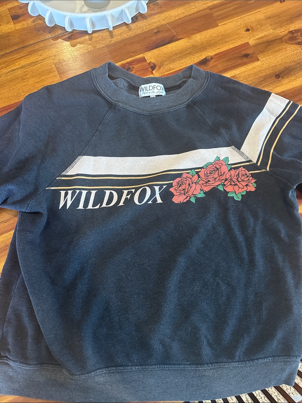 Wildfox Black Crewneck Sweatshirt with Rose Graphic and Stripe Detail